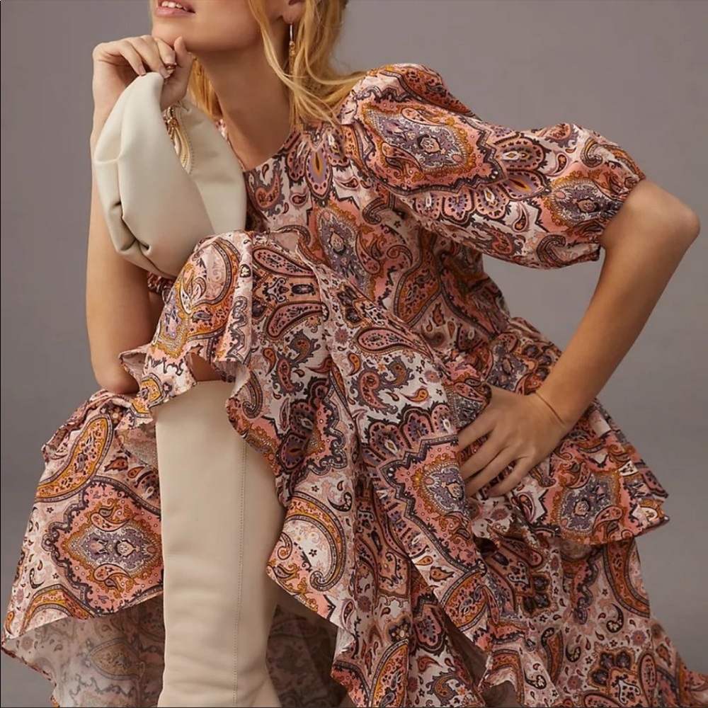 Anthropologie Pink and Orange Paisley Maxi Dress